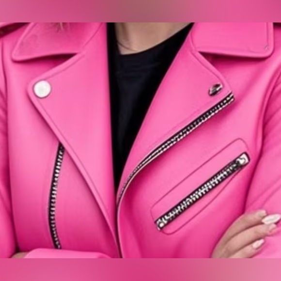 Women's Pink Moto Jacket - Stylish Biker Coat - Picture 6 of 6